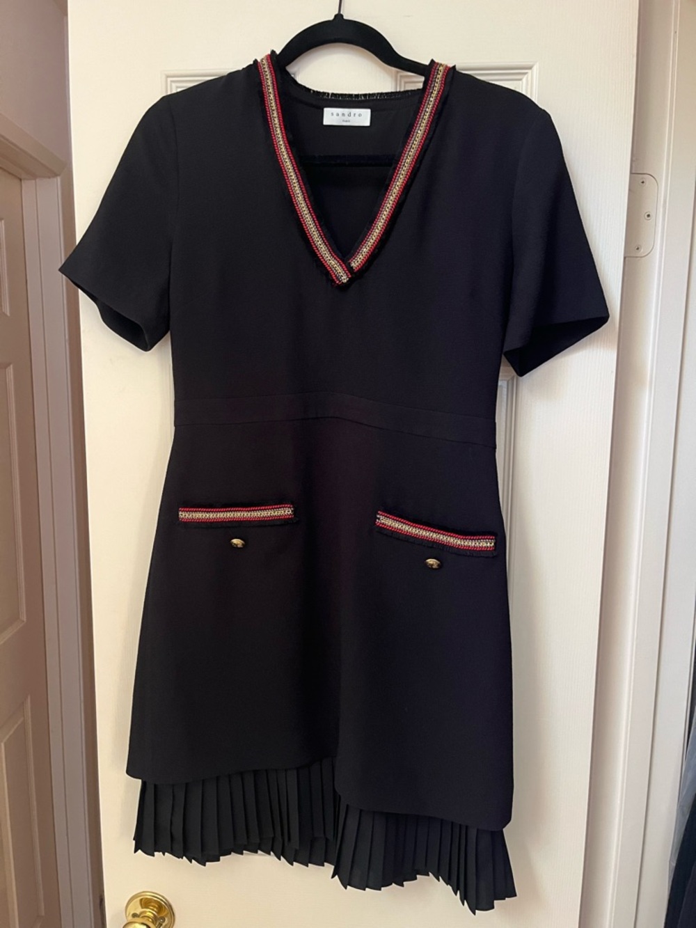 Sandro Black Pleated Hem Dress Size 38 NWOT Paris Chic Trim Mini